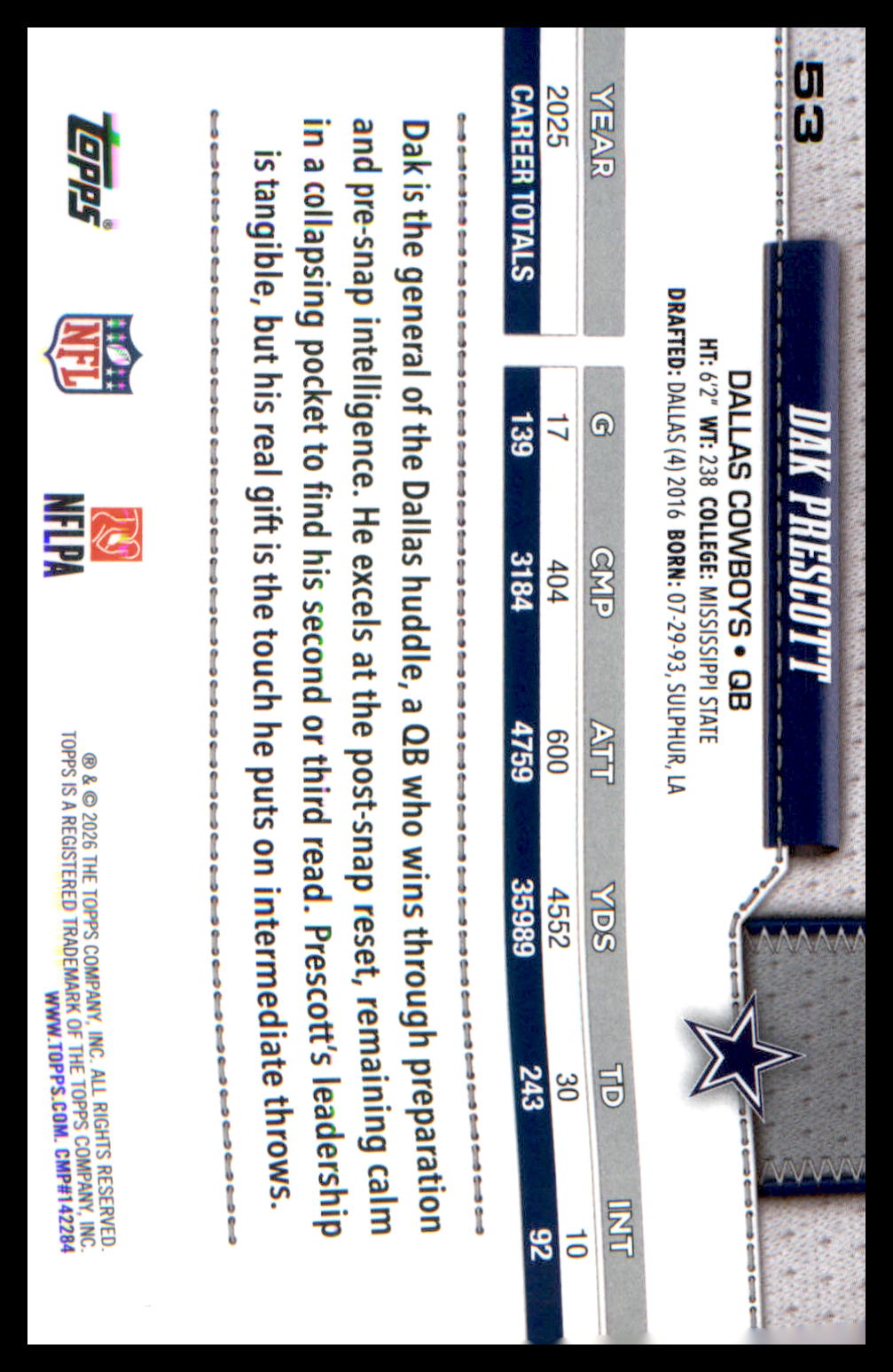 2026 Topps Flagship Football Base #53 Dak Prescott