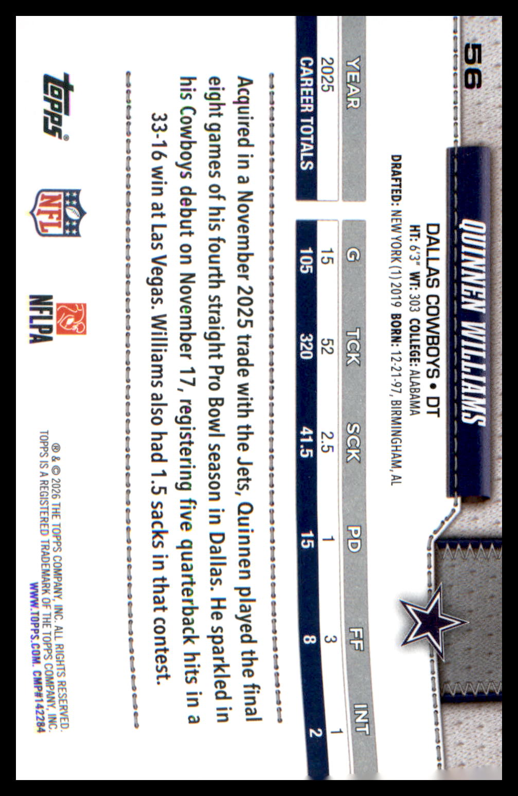 2026 Topps Flagship Football Base #56 Quinnen Williams