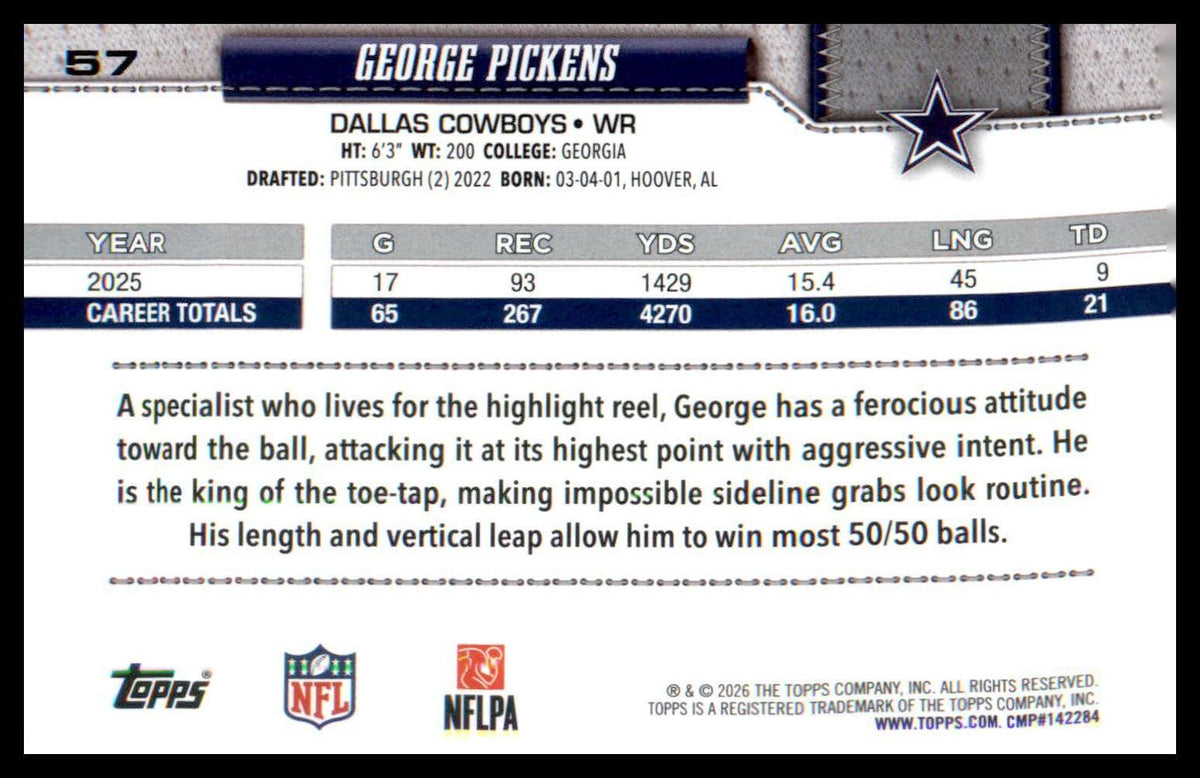 2026 Topps Flagship Football Base #57 George Pickens