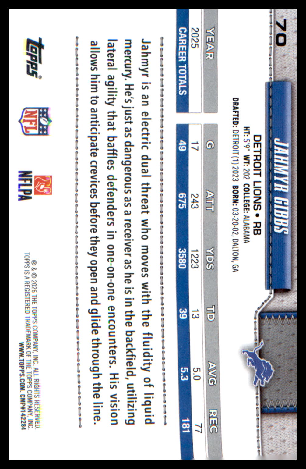 2026 Topps Flagship Football Base #70 Jahmyr Gibbs