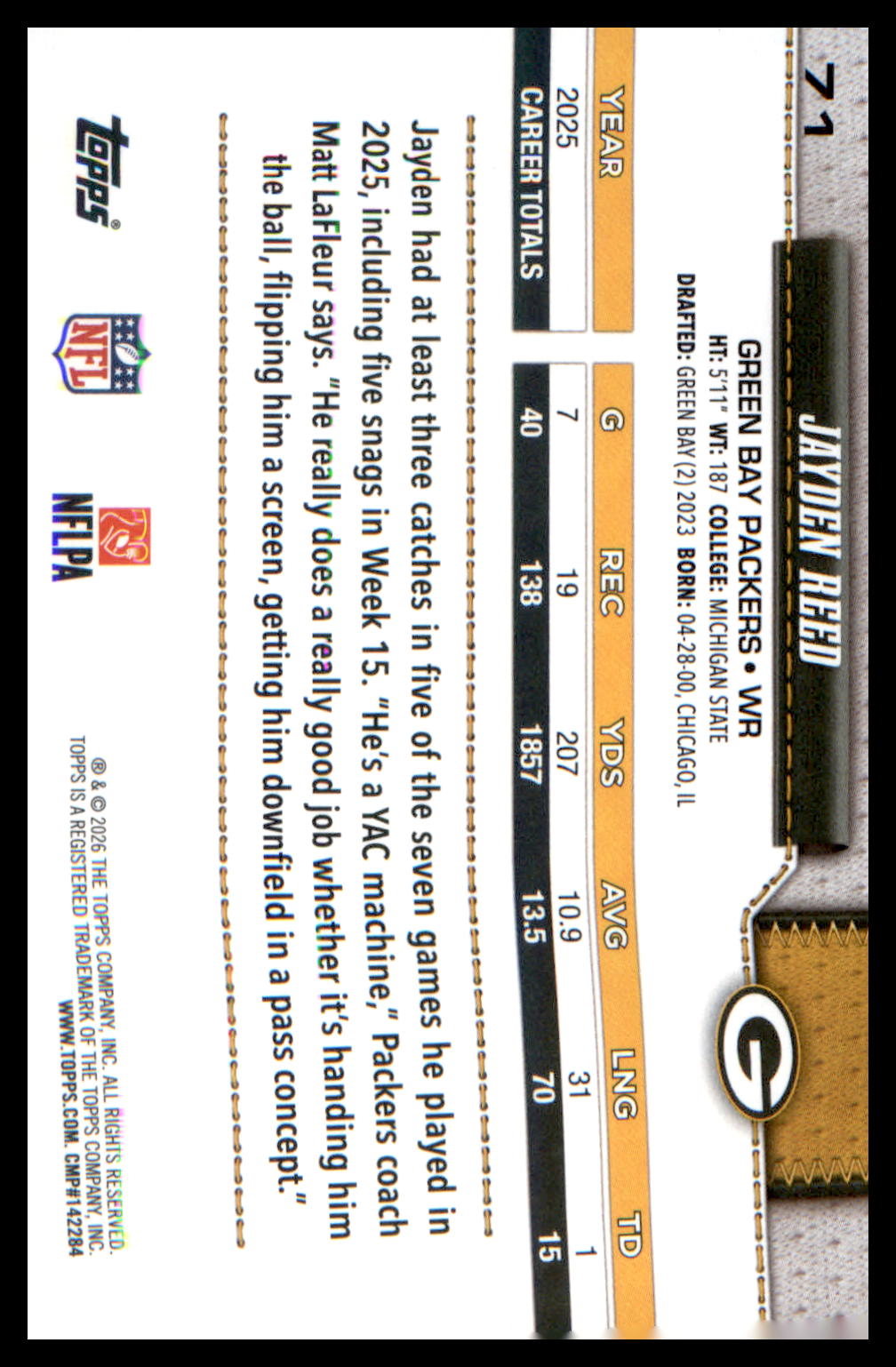 2026 Topps Flagship Football Base #71 Jayden Reed