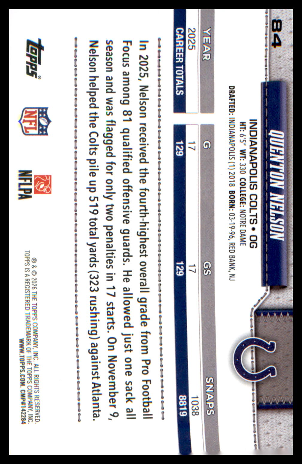 2026 Topps Flagship Football Base #84 Quenton Nelson