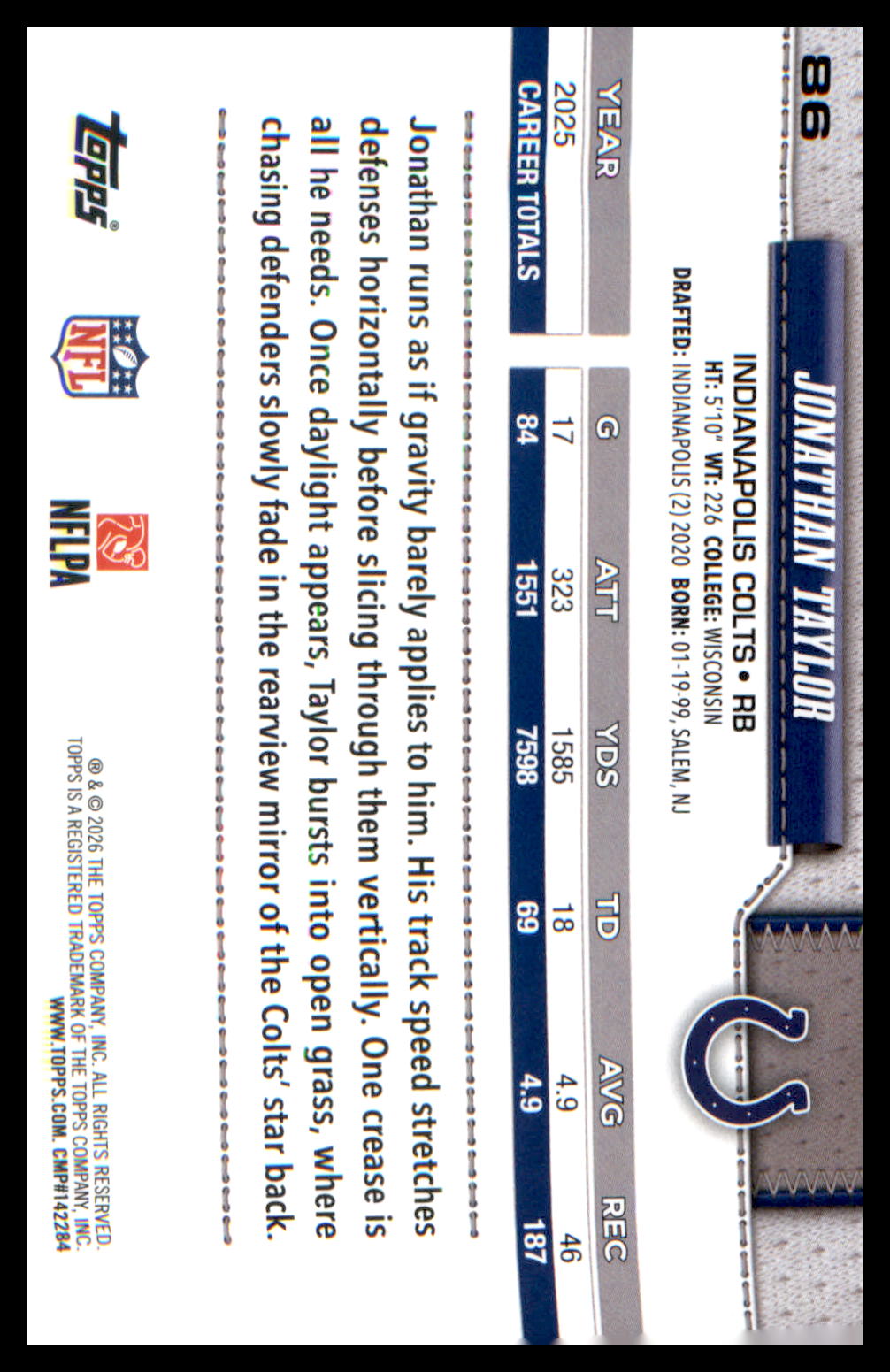 2026 Topps Flagship Football Base #86 Jonathan Taylor