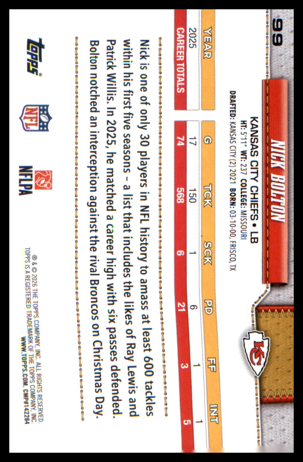 2026 Topps Flagship Football Base #99 Nick Bolton