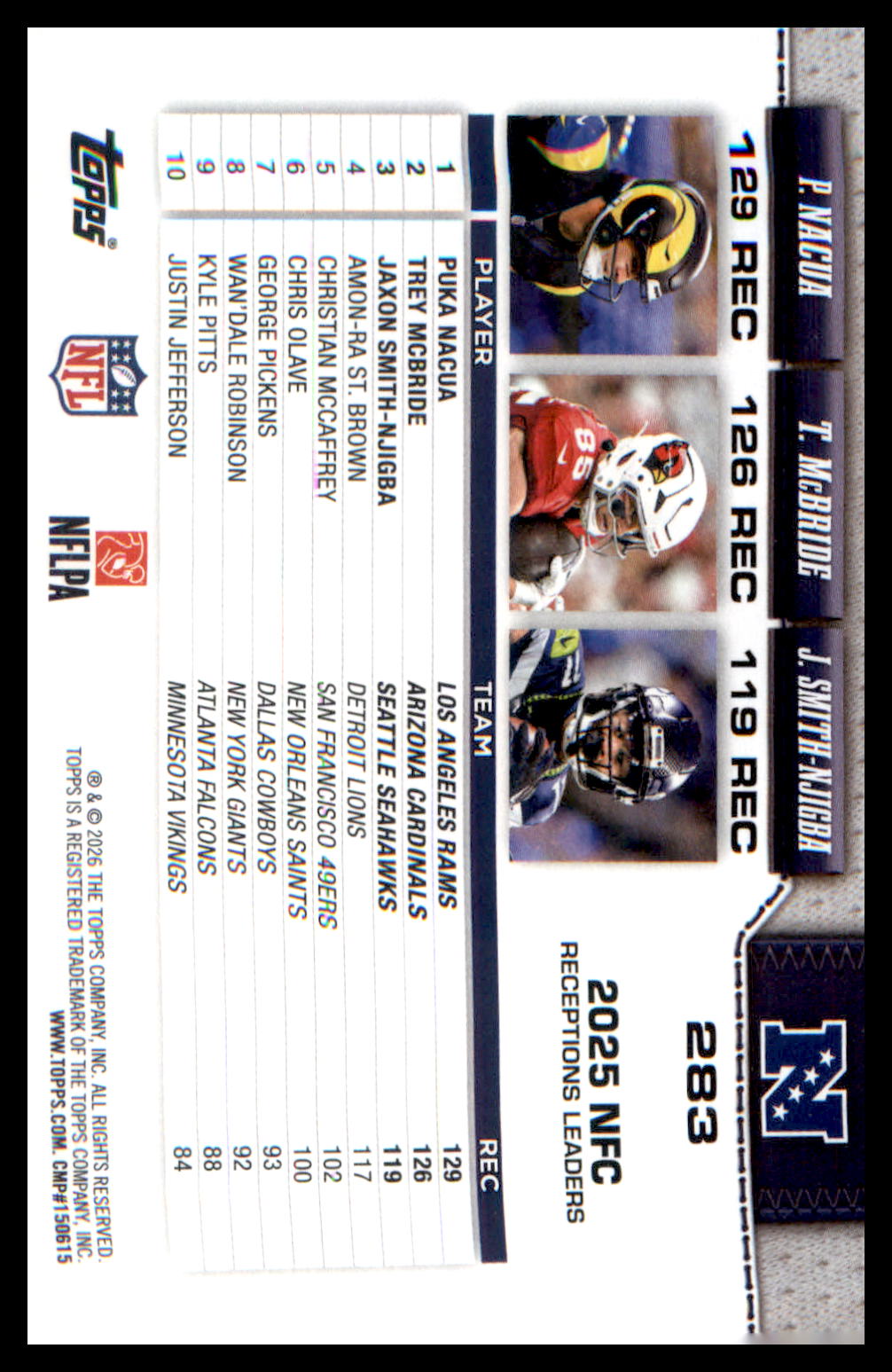 2026 Topps Flagship #283 NFC Rec Leaders - Nacua, McBride, Smith -Njigba