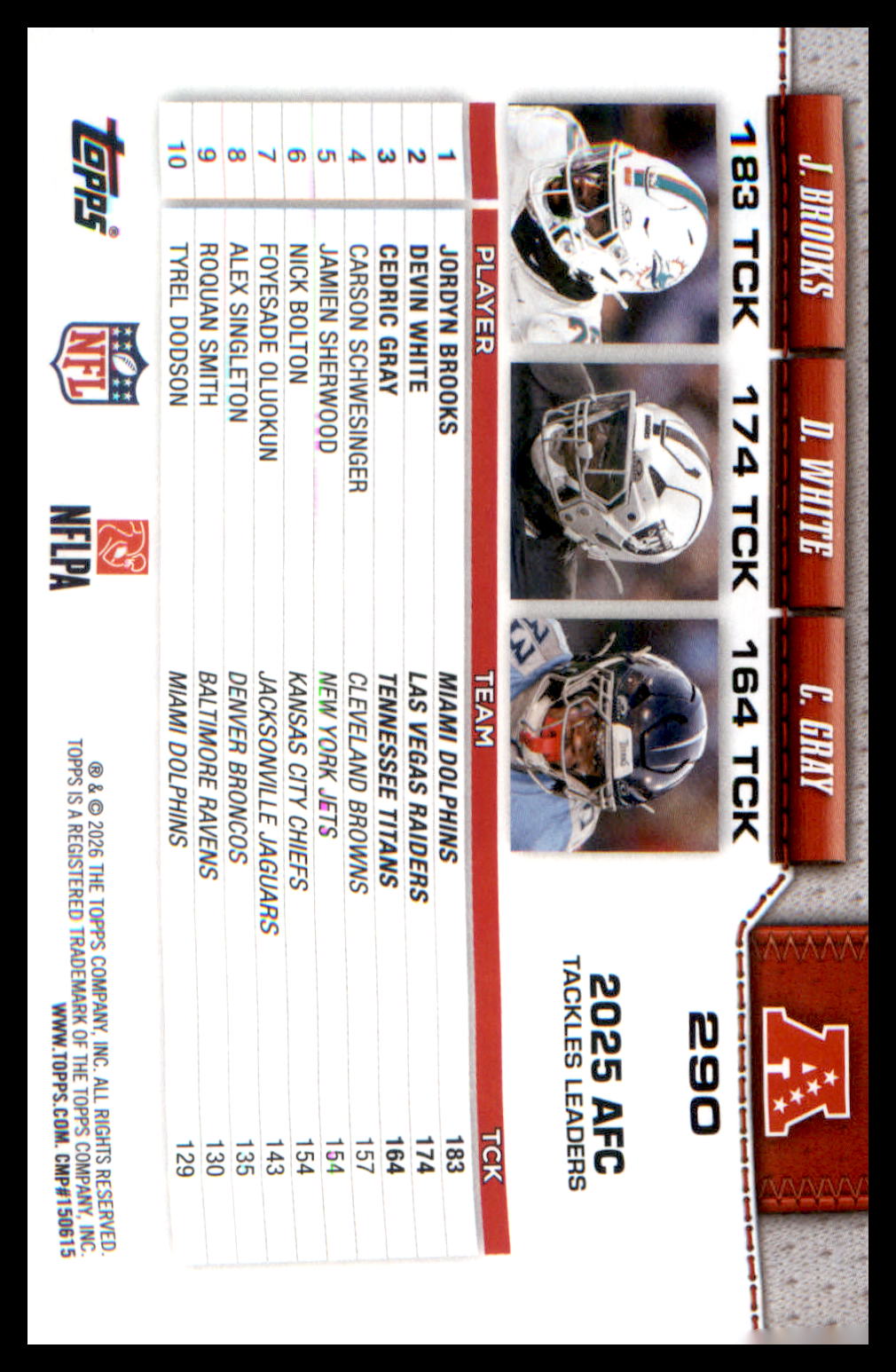 2026 Topps Flagship Football #290 AFC Tackle Leaders - Brooks, White, Gray