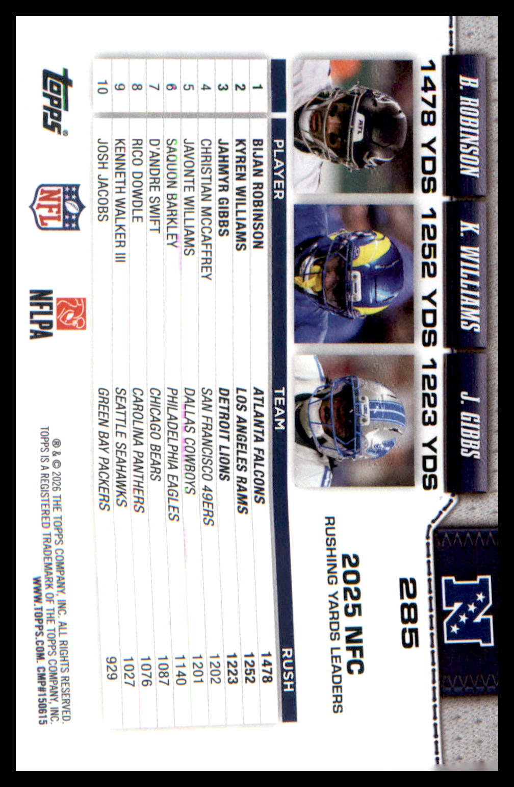 2026 Topps Flagship Football #285 NFC Rush Leaders