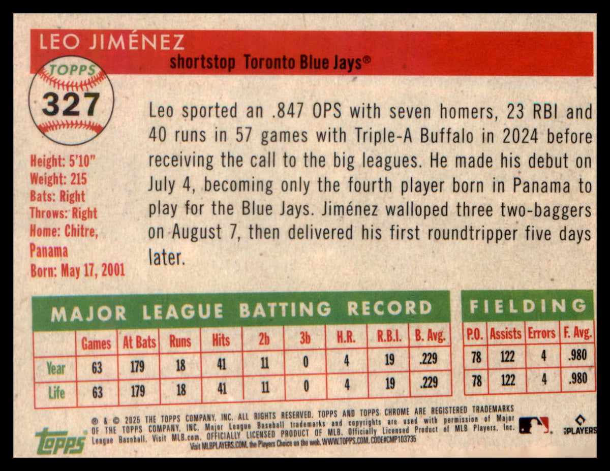 2025 Topps Chrome Platinum #327 Leo Jiménez RC RC