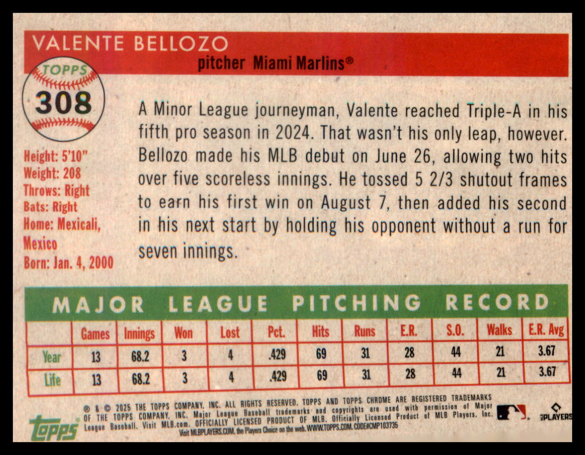 2025 Topps Chrome Platinum #308 Valente Bellozo RC RC