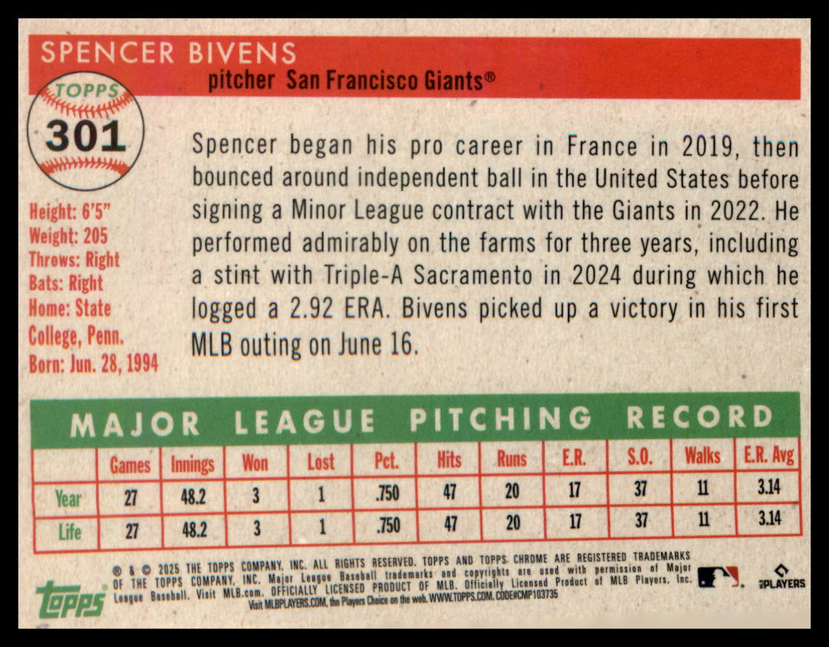 2025 Topps Chrome Platinum #301 Spencer Bivens RC RC