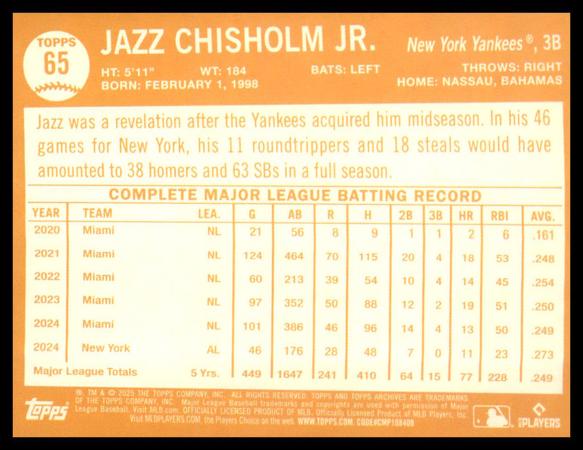 2025 Topps Archives Black Foilboard #65 Jazz Chisholm Jr.