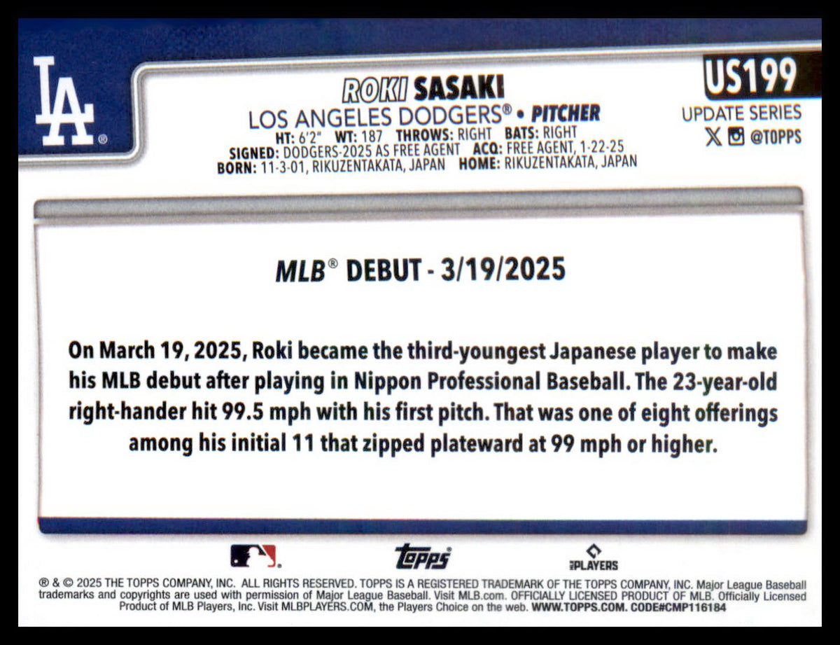 2025 Topps Update #US199 Roki Sasaki