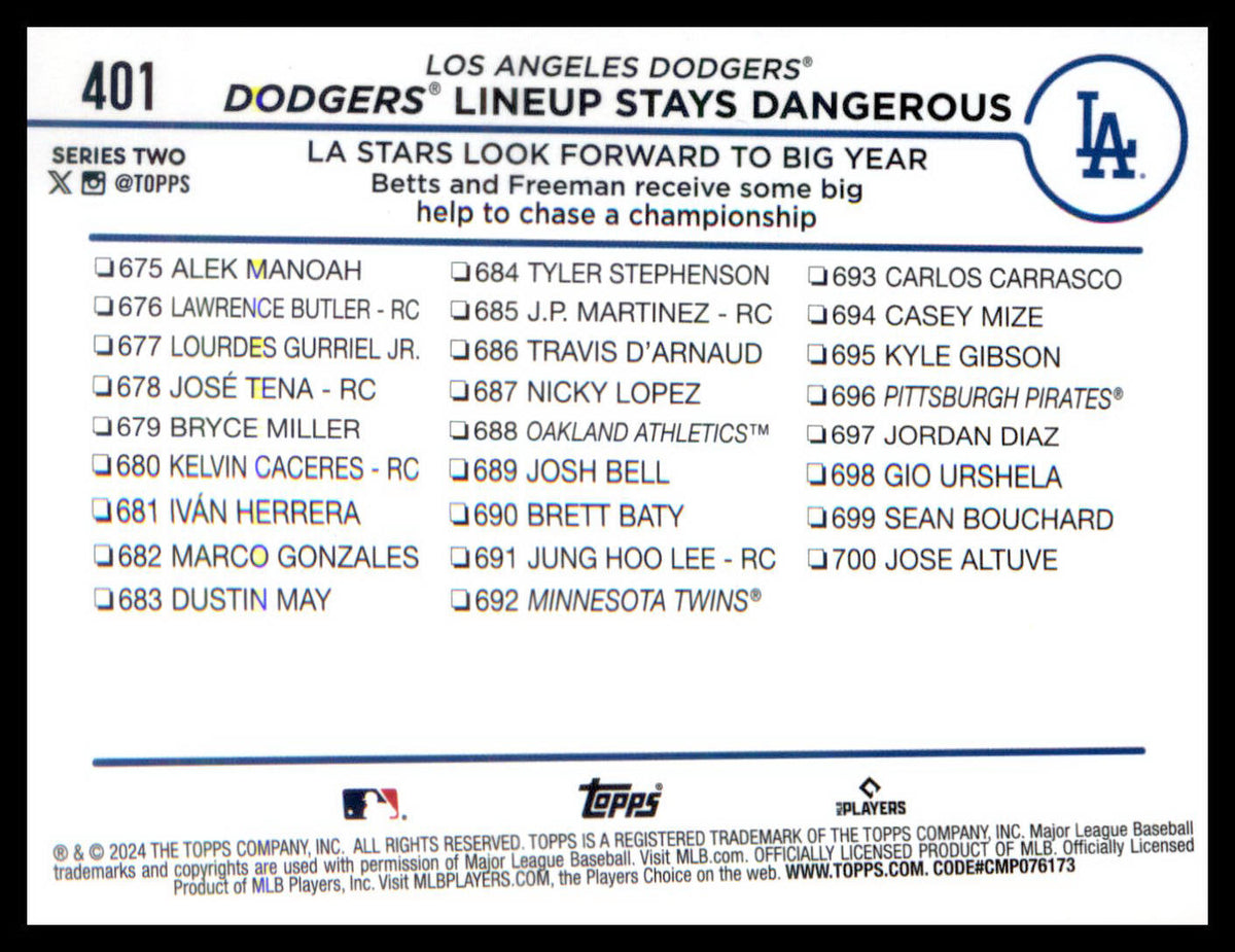 2024 Topps #401 Dodgers Lineup Stays Dangerous Freddie Freeman/Mookie Betts