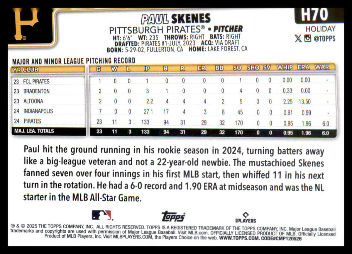 2025 Topps Holiday Green Holiday Plaid #H70 Paul Skenes