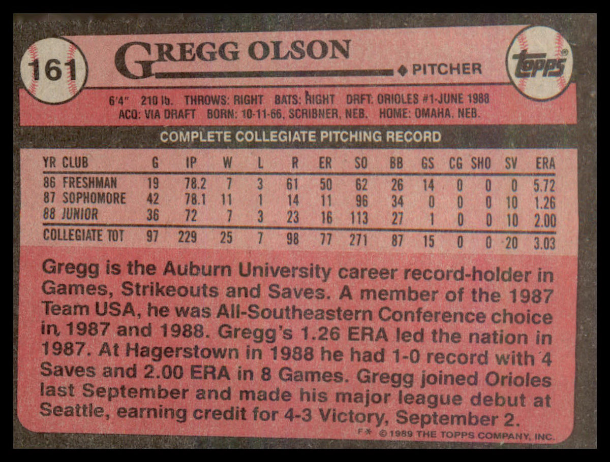 1989 Topps #161 Gregg Olson RC RC