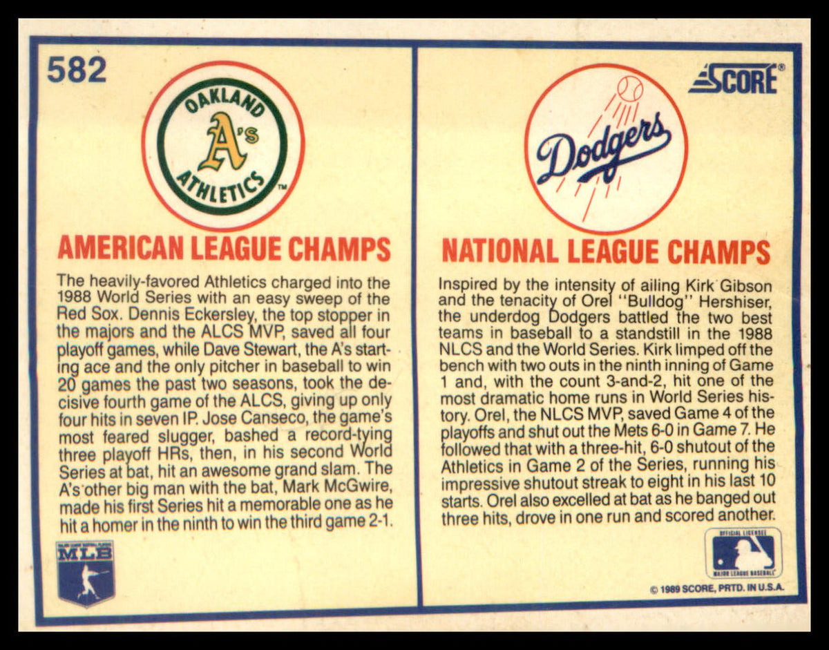 1989 Score #582 1988 World Series Oakland A's
