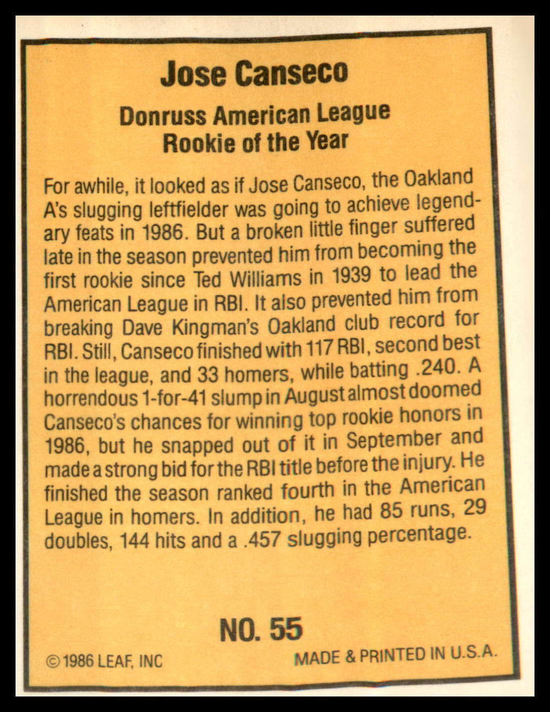 1986 Donruss Highlights #55 Jose Canseco