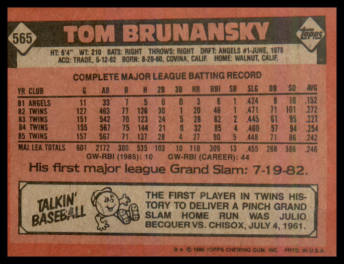 1986 Topps #565 Tom Brunansky
