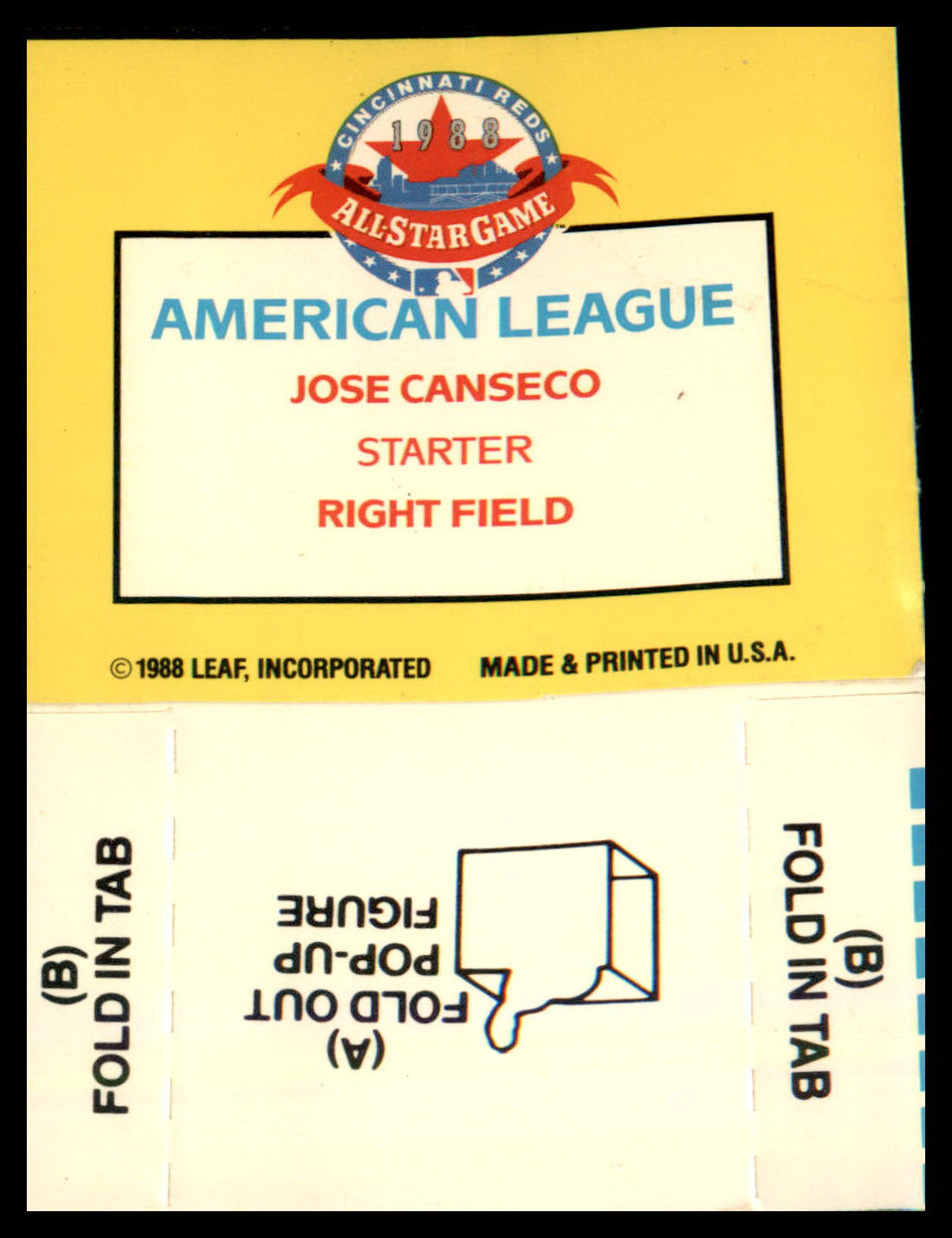 1989 Donruss All-Stars Pop-Ups #NNO Jose Canseco