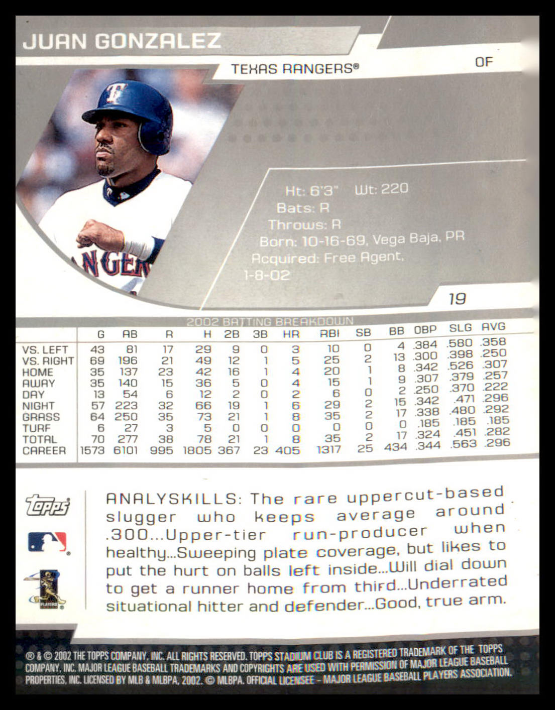 2003 Stadium Club Royal Gold #19 Juan Gonzalez