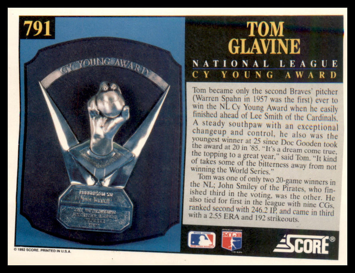 1992 Score CY Young Award #791 Tom Glavine