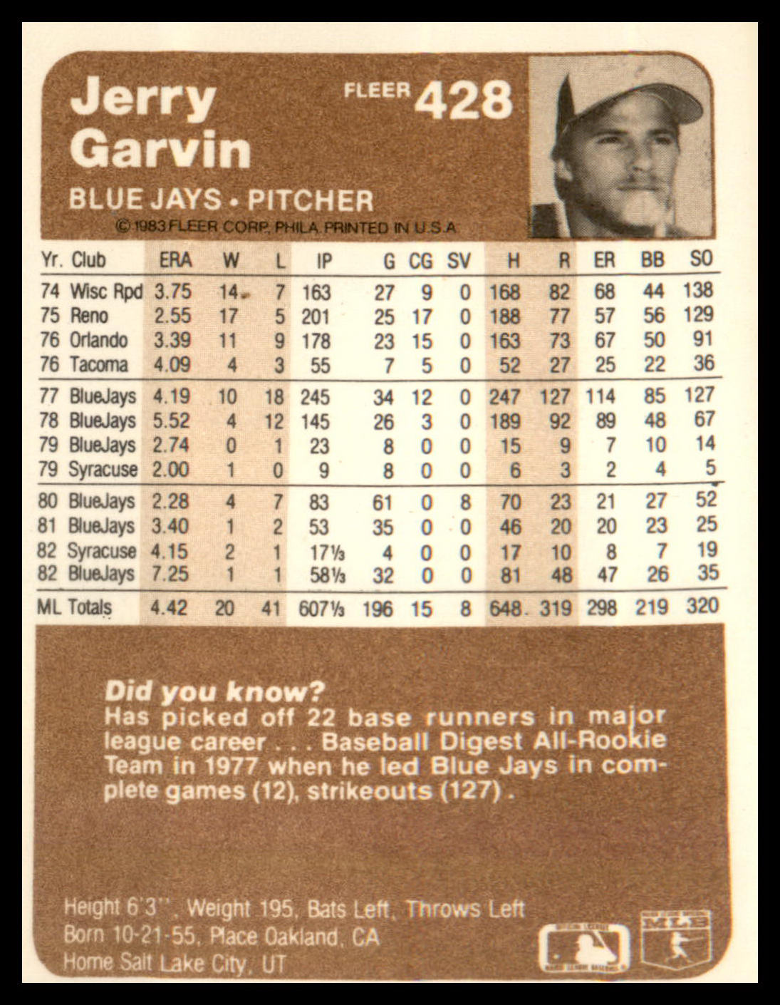 1983 Fleer #428 Jerry Garvin