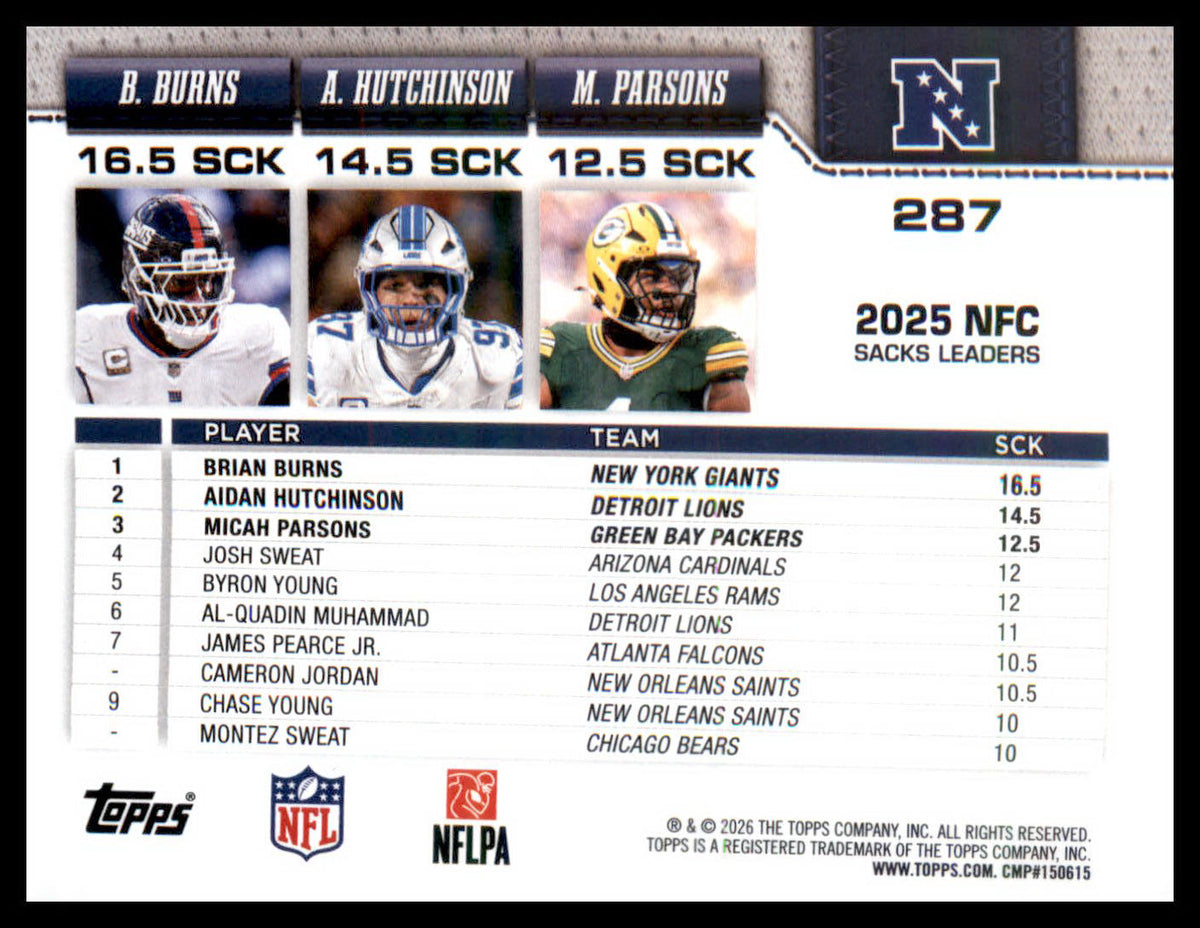 2026 Topps Flagship Diamante Foil #287 NFC Sack Leaders Hutchinson/Burns/Parsons