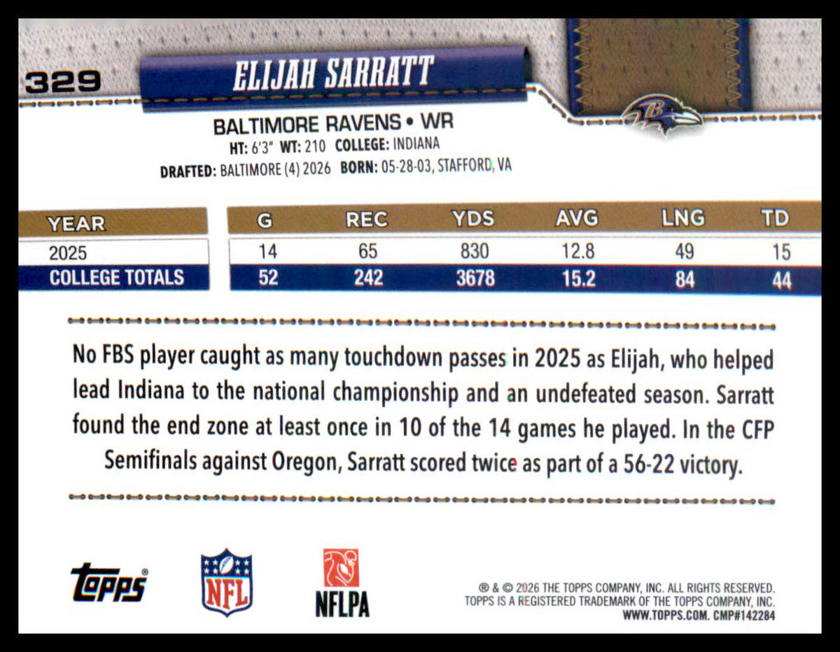 2026 Topps Flagship Diamante Foil #329 Elijah Sarratt