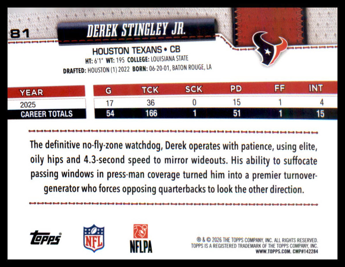 2026 Topps Flagship Holo Football #81 Derek Stingley Jr.