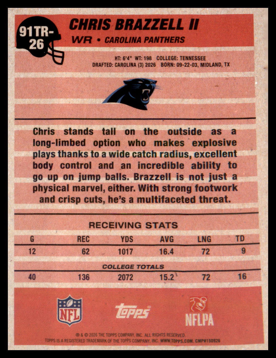 2026 Topps Flagship 1991 Topps Football Rookies #91TR-26 Chris Brazzell II