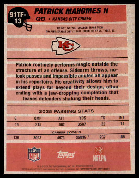 2026 Topps Flagship 1991 Topps Football #91TF-13 Patrick Mahomes II