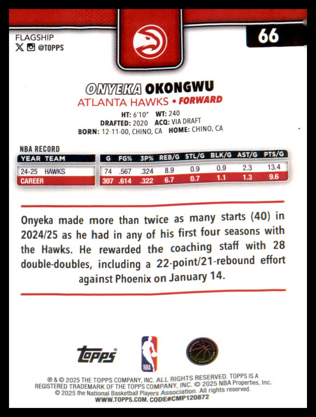 2025-26 Topps Gold Holo Foil #66 Onyeka Okongwu SN #/50