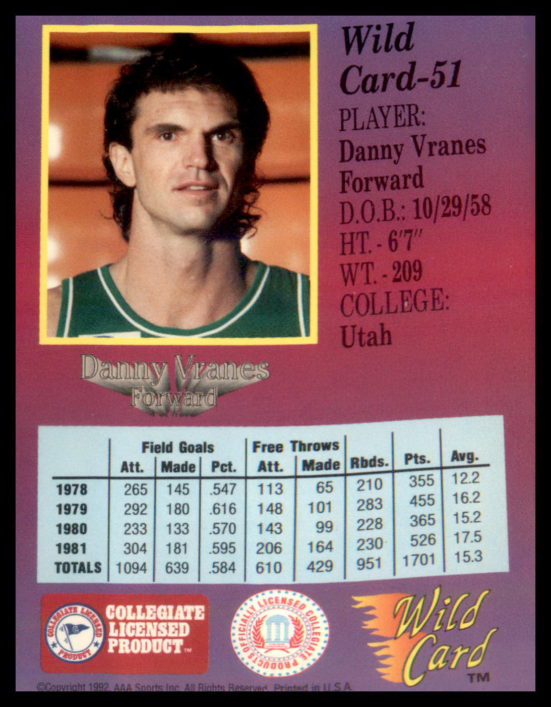 1991-92 Wild Card #51 Danny Vranes