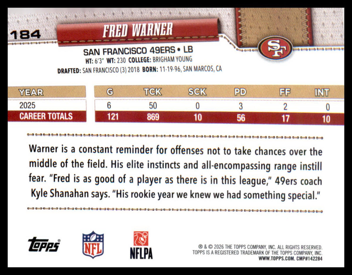 2026 Topps Flagship Football Holo Parallel #184 Fred Warner, San Francisco 49ers