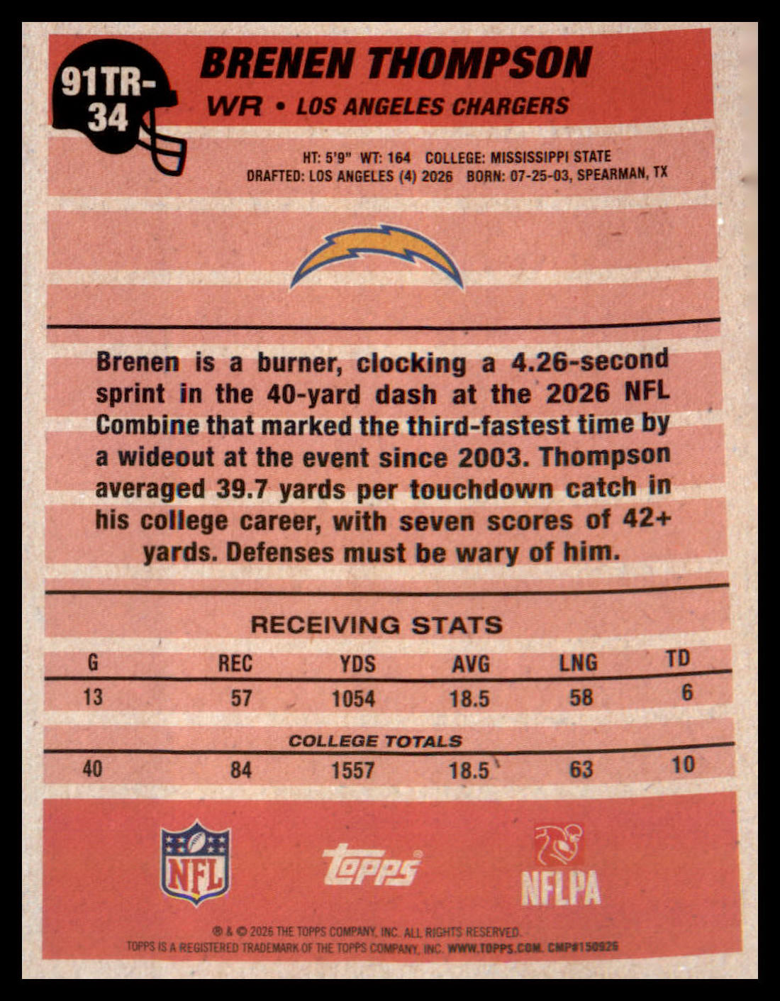 2026 Topps Flagship 1991 Topps Football Rookies #91TR-34 Brenen Thompson