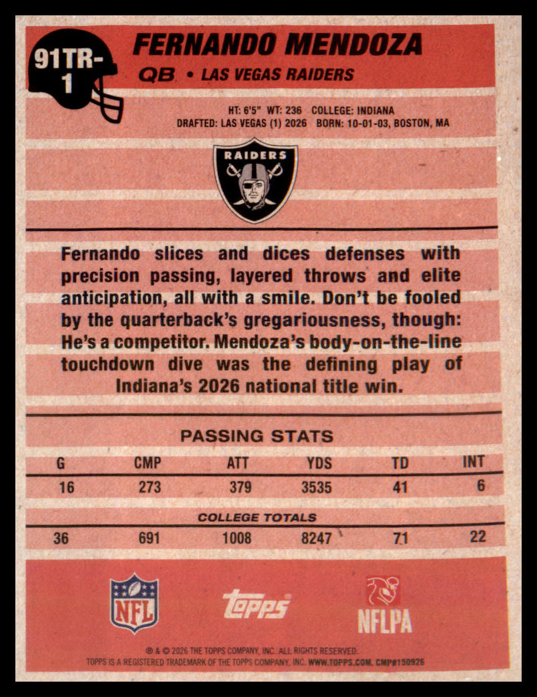 2026 Topps Flagship 1991 Topps Football Rookies #91TR-1 Fernando Mendoza