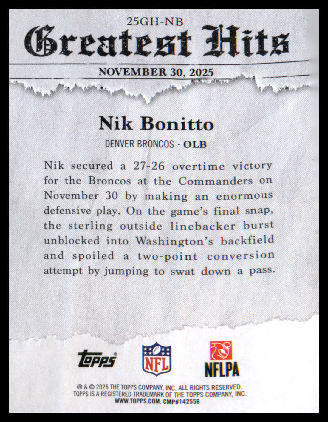 2026 Topps Flagship 2025 Greatest Hits #25GH-NB Nik Bonitto