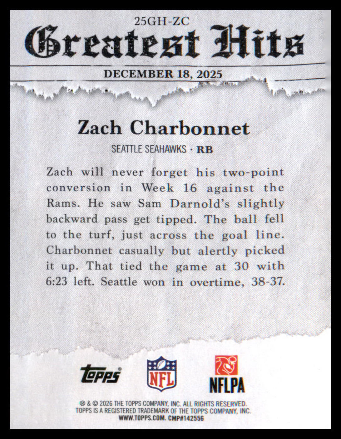 2026 Topps Flagship 2025 Greatest Hits #25GH-ZC Zach Charbonnet
