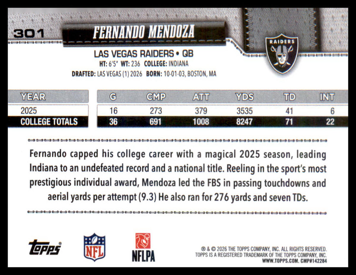 2026 Topps Flagship #301 Fernando Mendoza RC RC