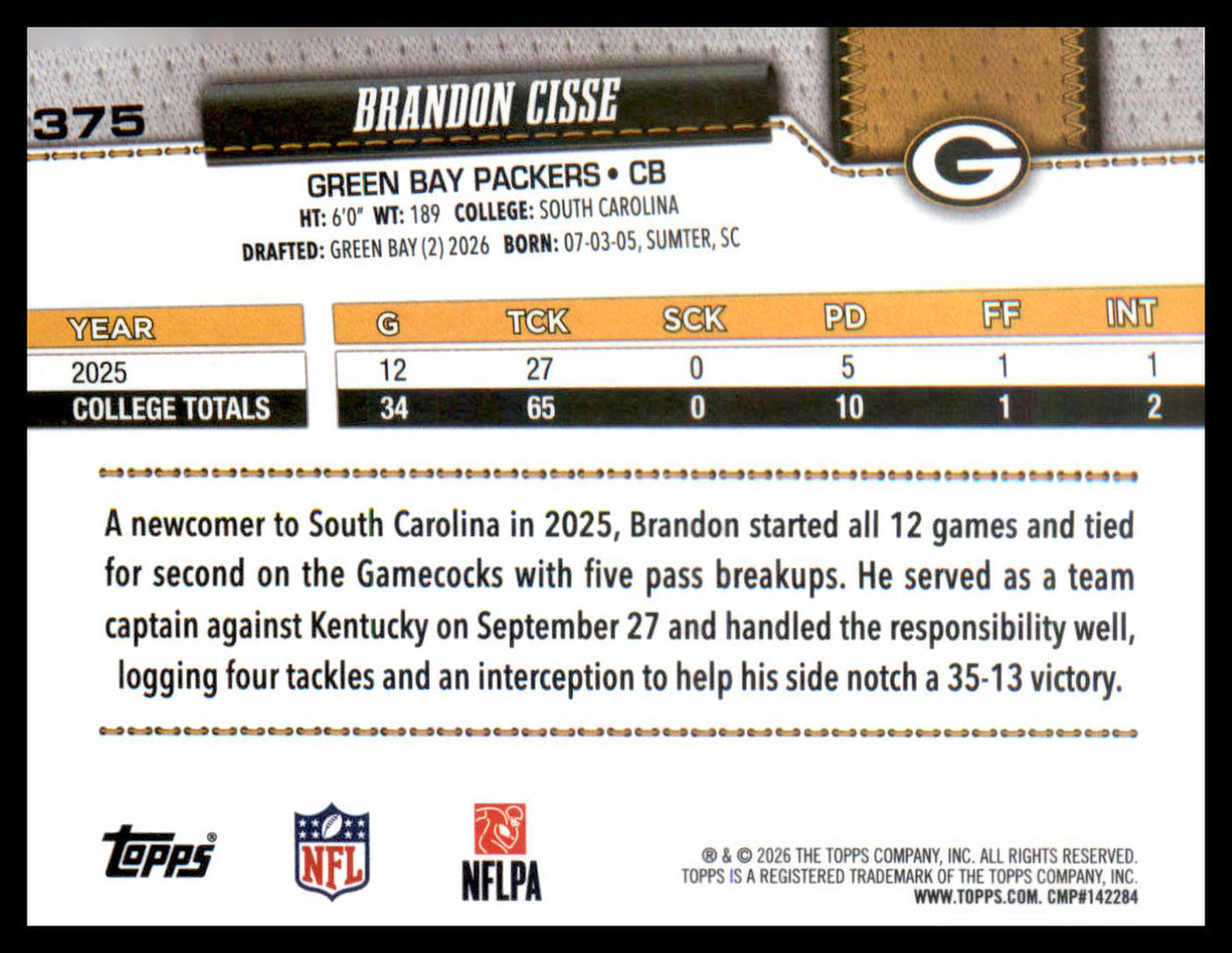 2026 Topps Flagship #375 Brandon Cisse RC RC