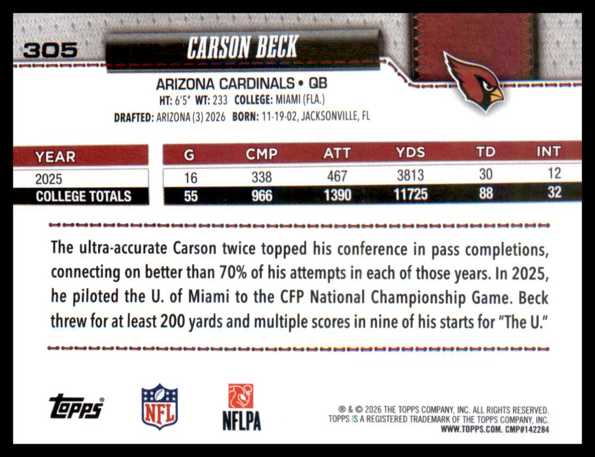 2026 Topps Flagship #305 Carson Beck RC RC