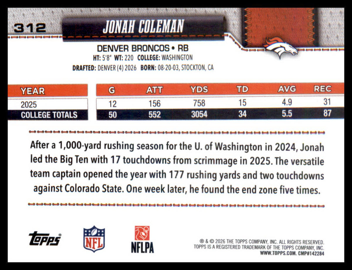 2026 Topps Flagship #312 Jonah Coleman RC RC