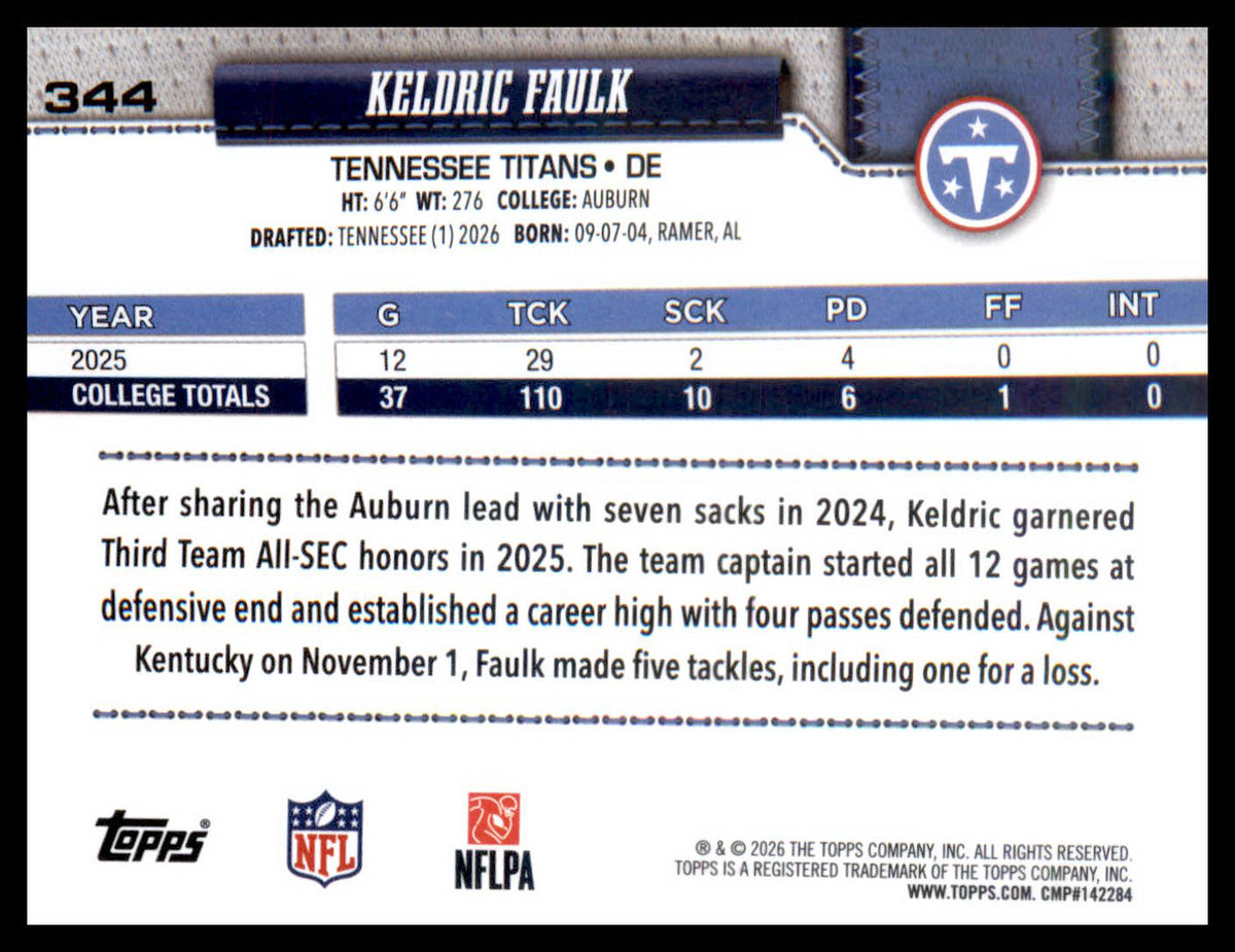 2026 Topps Flagship #344 Keldric Faulk RC RC