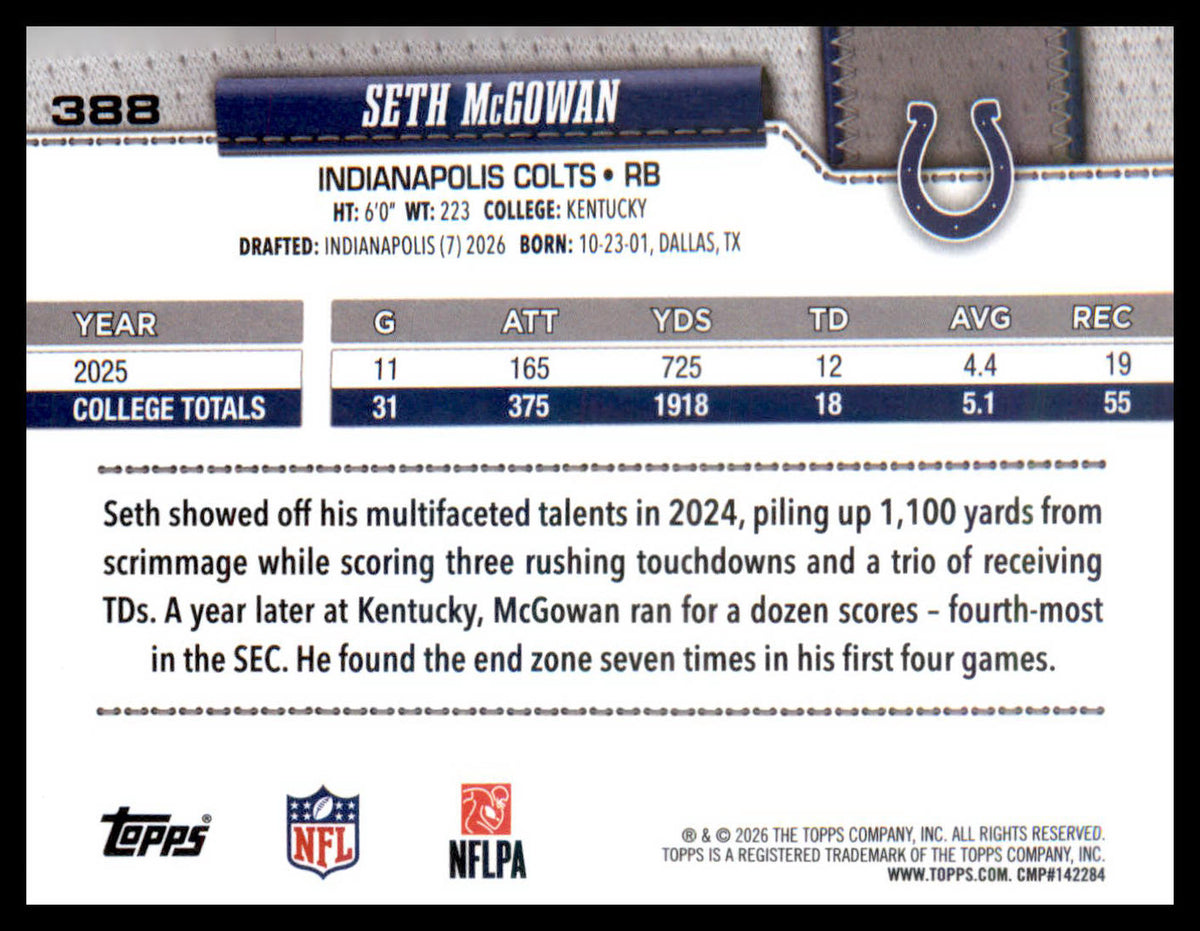 2026 Topps Flagship #388 Seth McGowan RC RC