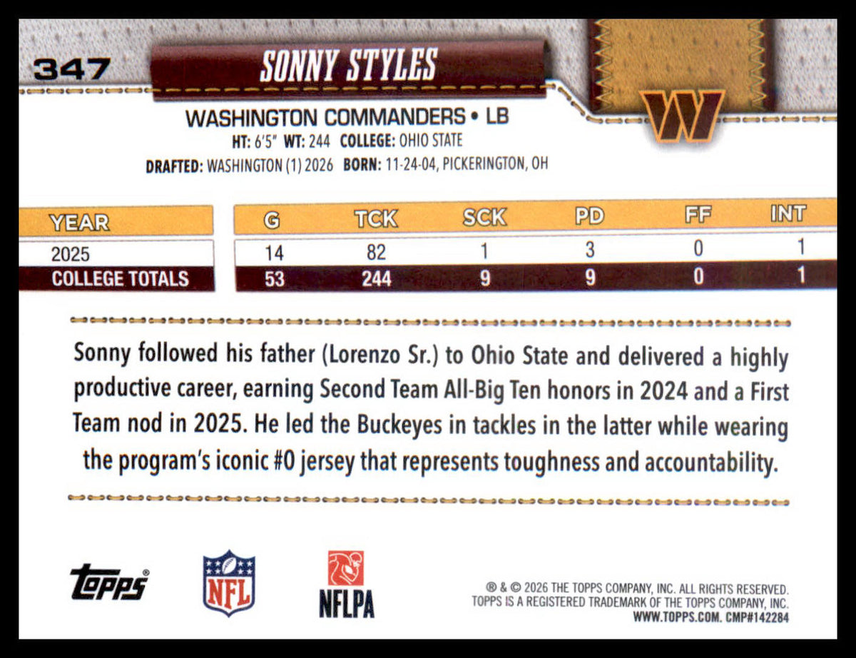 2026 Topps Flagship #347 Sonny Styles RC RC