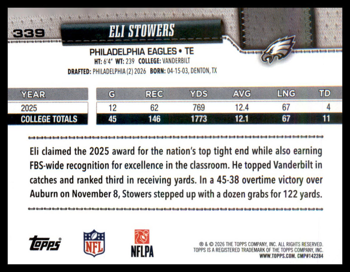 2026 Topps Flagship #339 Eli Stowers RC RC