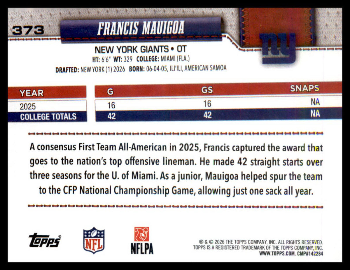 2026 Topps Flagship #373 Francis Mauigoa RC RC
