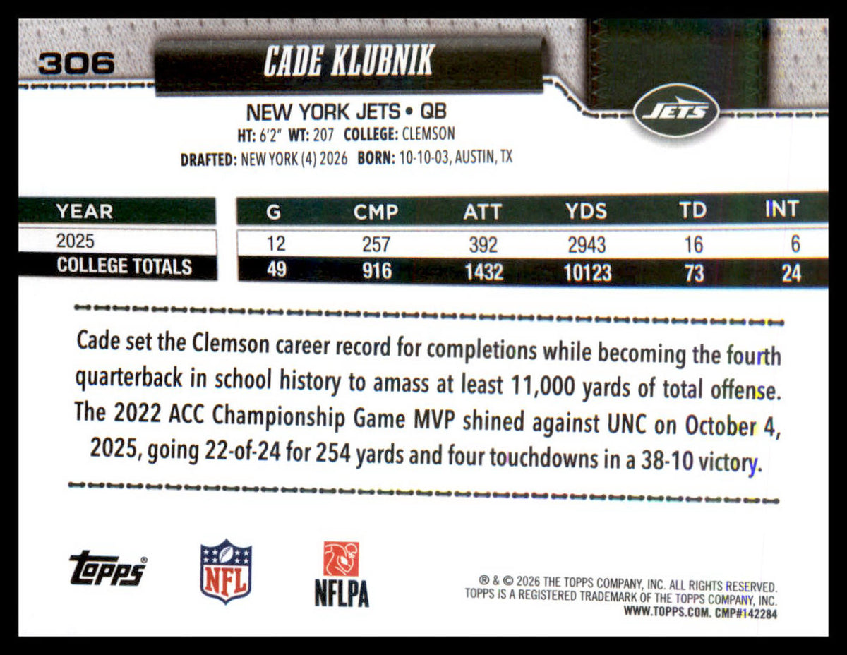 2026 Topps Flagship #306 Cade Klubnik RC RC