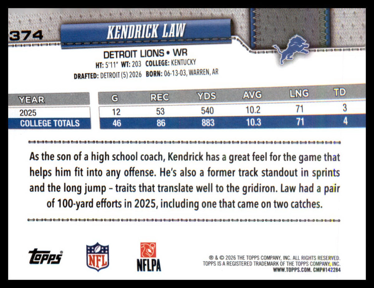 2026 Topps Flagship #374 Kendrick Law RC RC