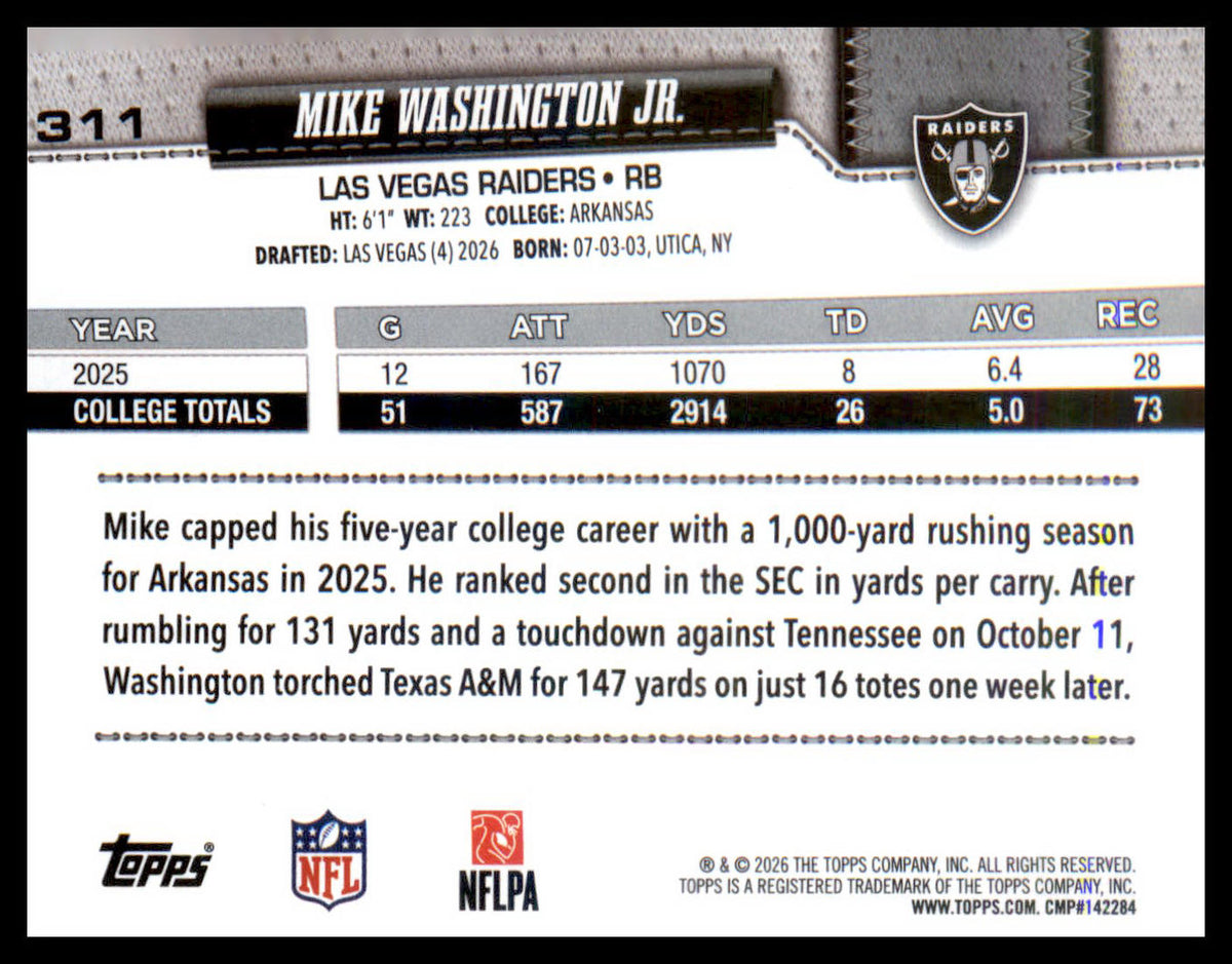 2026 Topps Flagship #311 Mike Washington Jr. RC RC